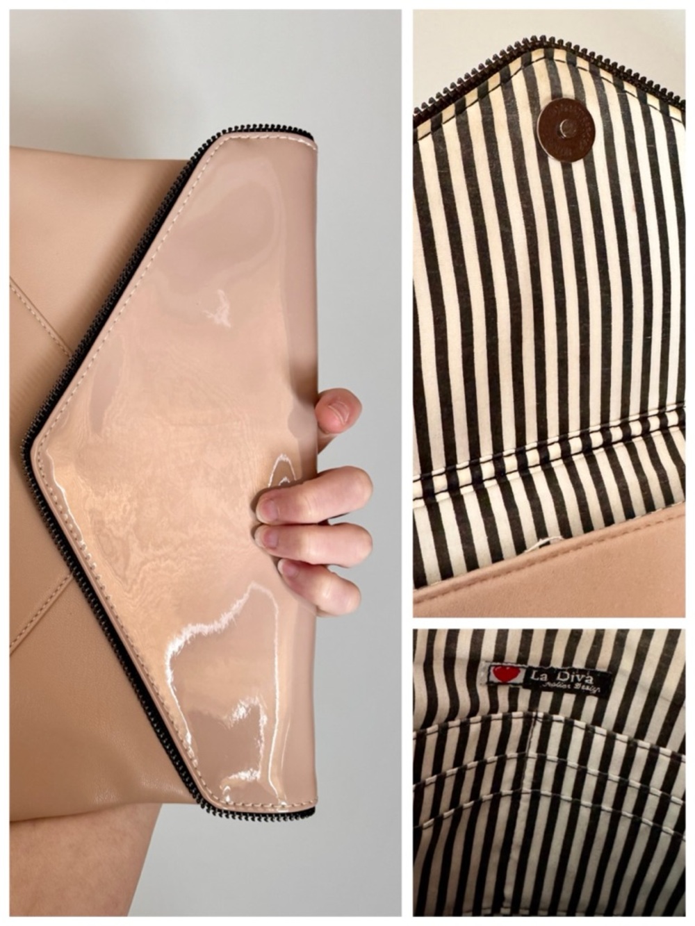 La Diva Nude Patent Leather Envelope Clutch Crossbody Bag | Gunmetal Hardware - Picture 11 of 17